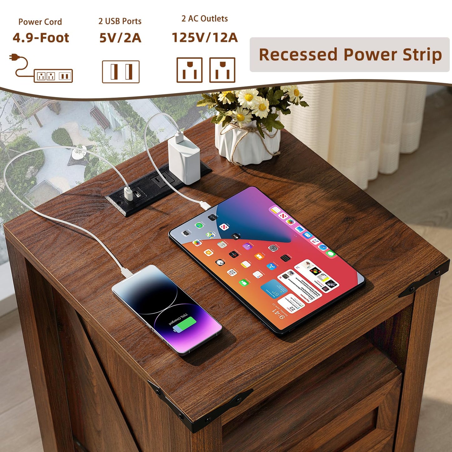 Dark brown wooden nightstand top with charging ports and multiple device cables.