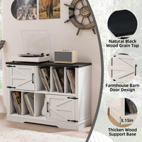 White record player stand with barn door fronts, dark wood top, vinyl storage shelves