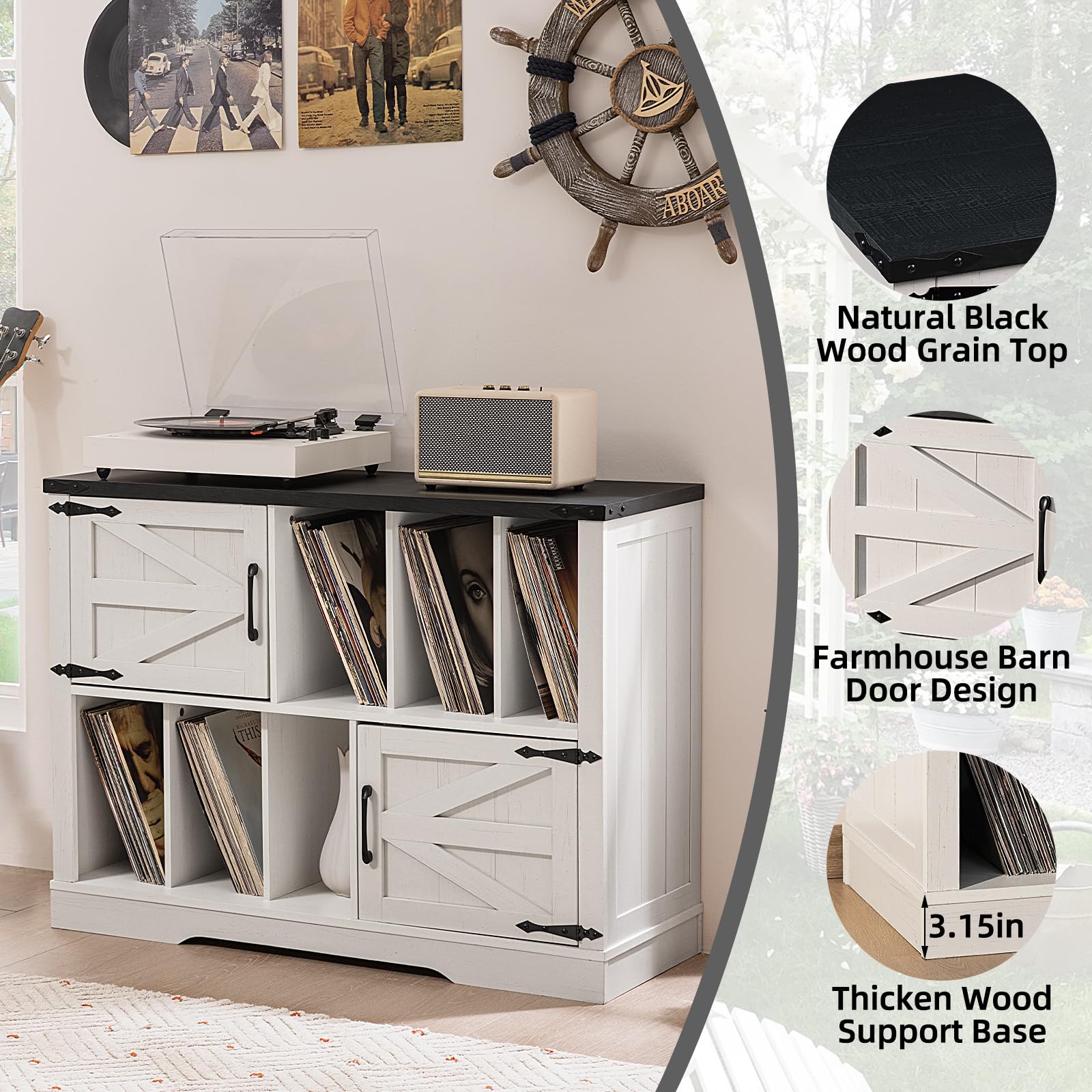 White record storage cabinet with natural black wood grain top and barn door design