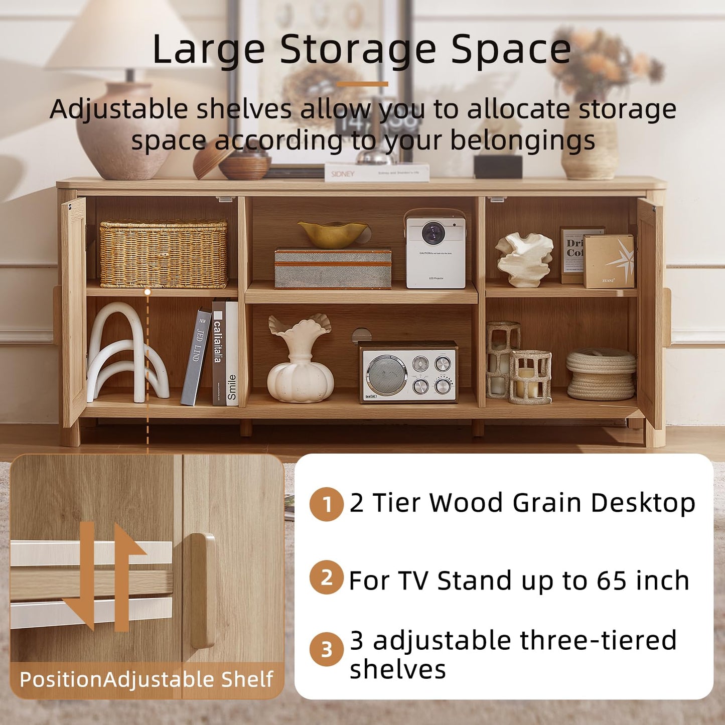 Joaxswe Farmhouse 55" Tv Stand Up for 65 in TV,Tv Consoles for Living Room | Adjustable Shelves Entertainment Center, 2 Door Storage, Rustic Wooden Veneer, Media Console Cabinet for TVs