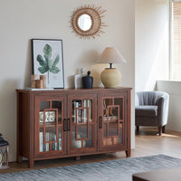 Brown sideboard buffet cabinet with four glass-pane doors and shelf storage