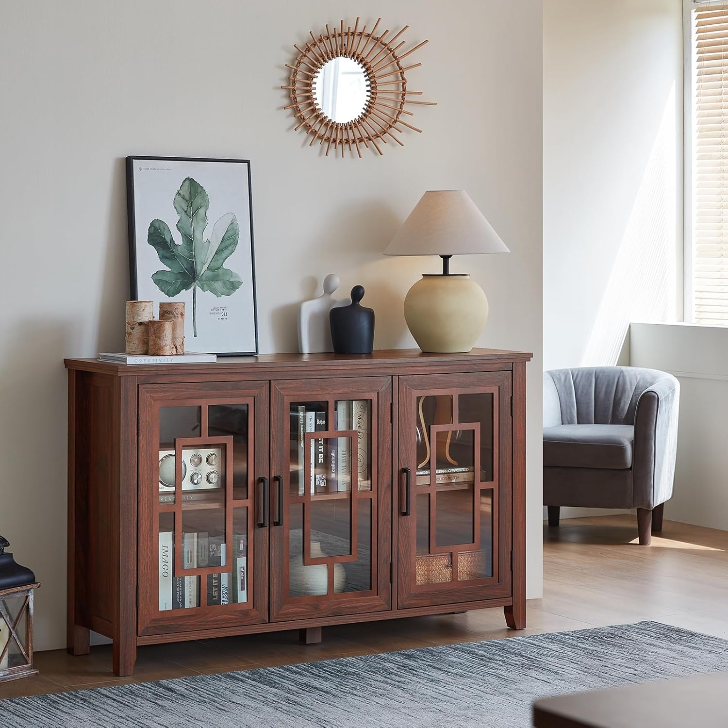 Brown sideboard buffet cabinet with four glass-pane doors and shelf storage