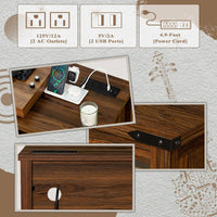 Brown record player stand cabinet with open storage drawer and charging bay on top