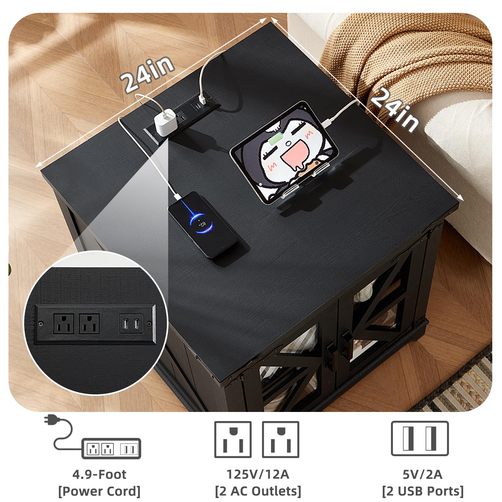 3-piece coffee table set with dark tabletop charging ports and hidden power panel