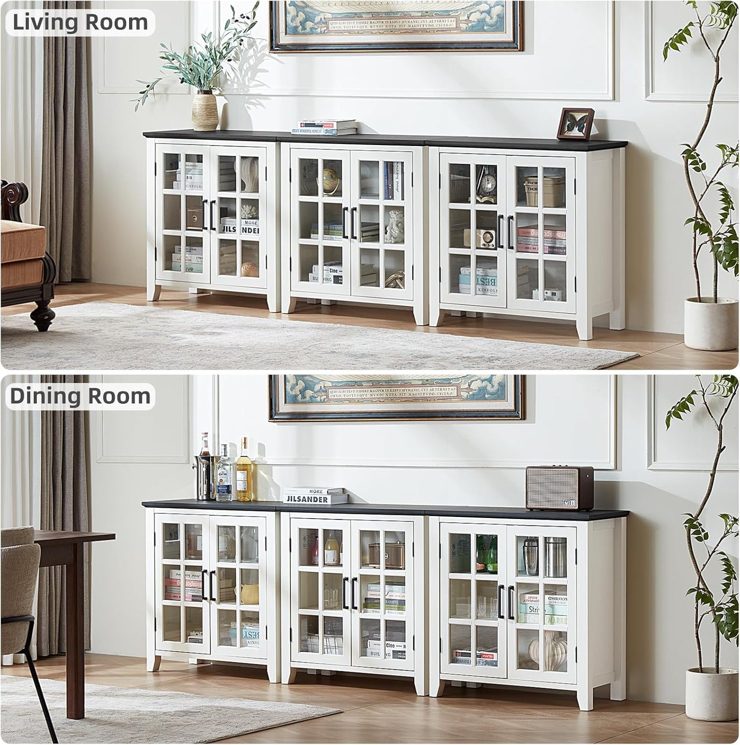 White sideboard buffet cabinet with glass-pane doors and multiple interior shelves