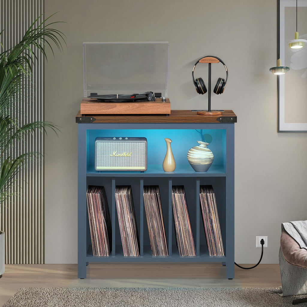 Brown record player stand with blue LED shelf and front vinyl record storage