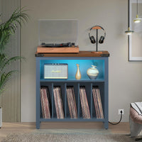 Blue record player stand cabinet with open top and three-row vinyl record storage