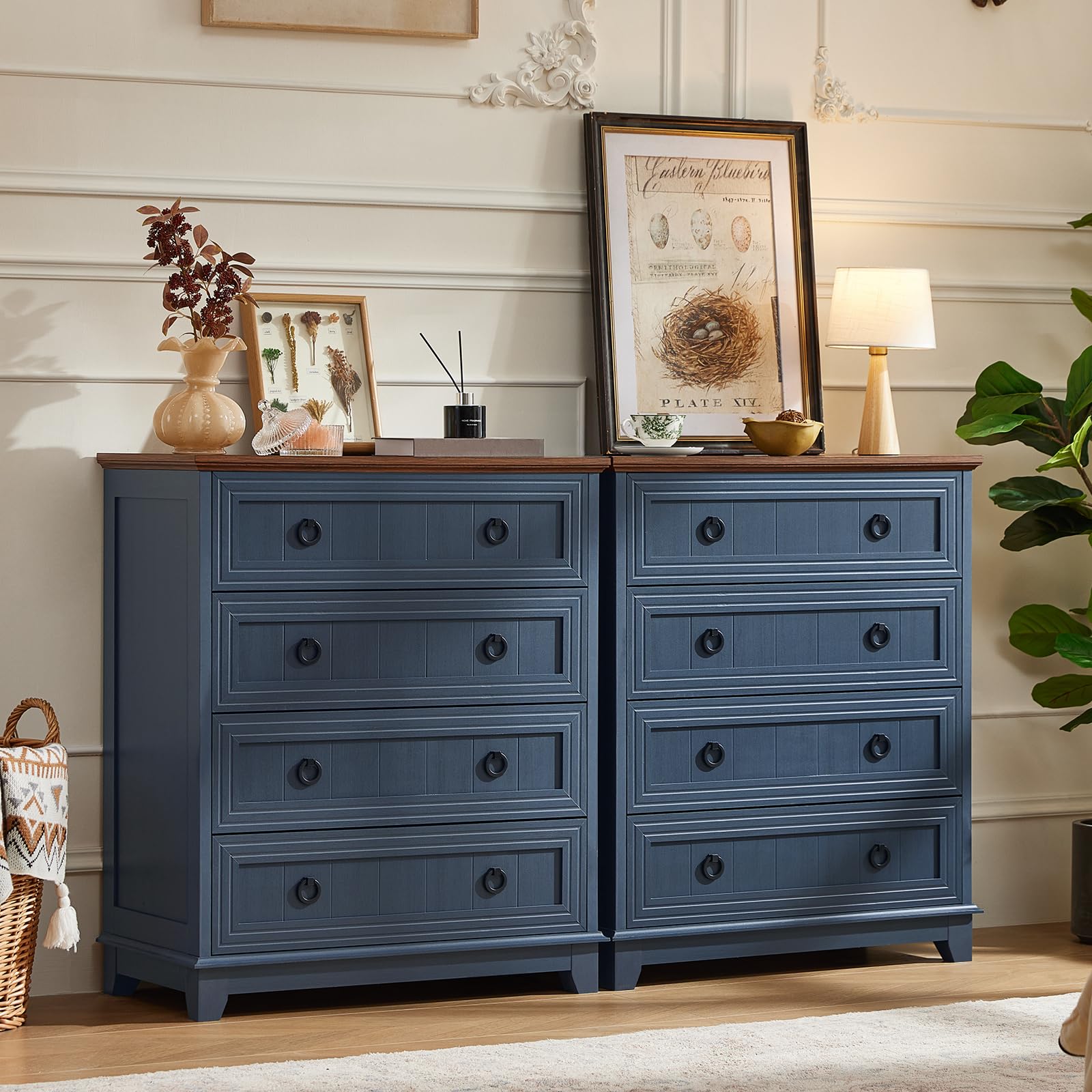 Pair of blue farmhouse dressers with drawers and round metal knobs