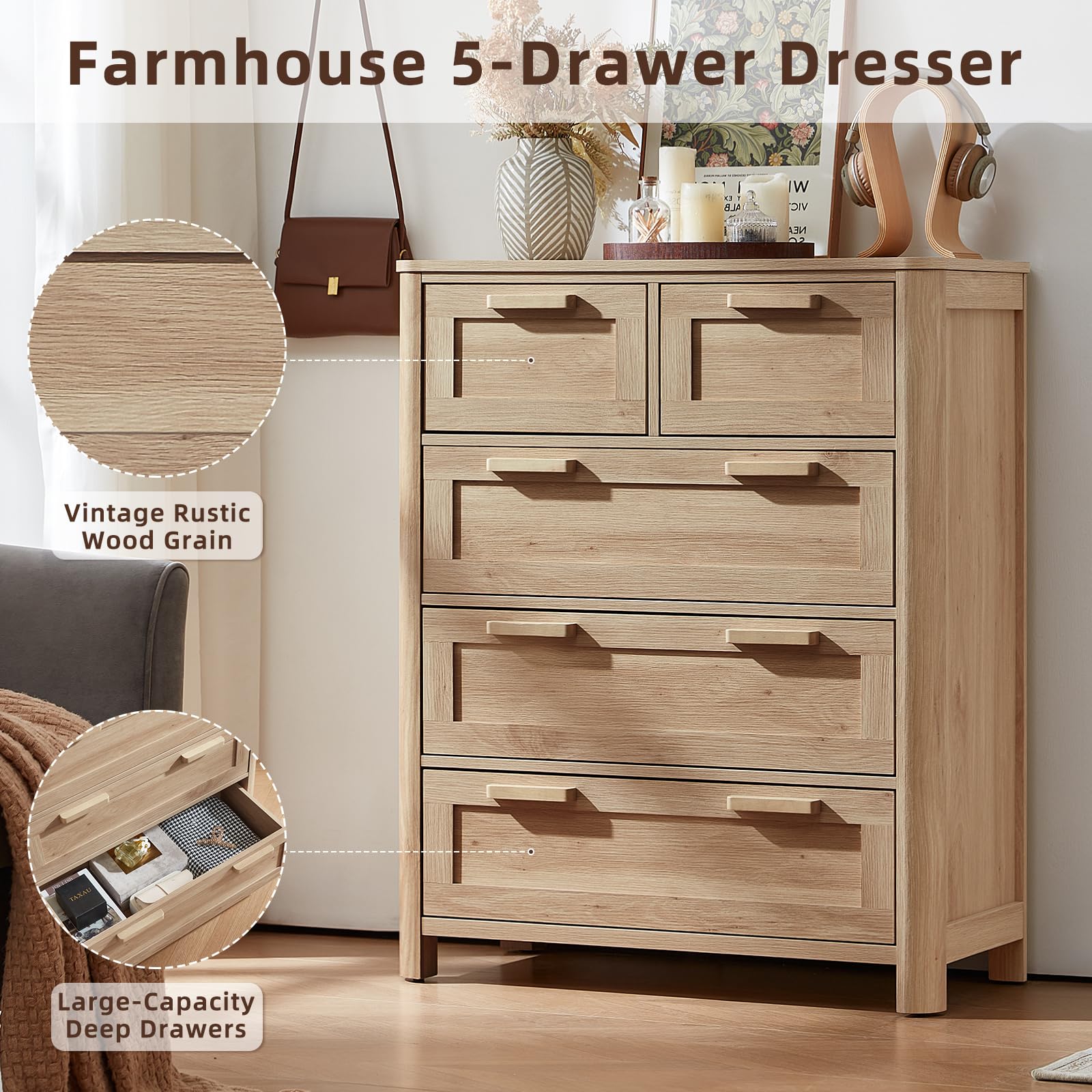 Farmhouse 5 Drawer Dresser for Bedroom, Chest of Drawers with 5 Deep Drawer & 4 Thickened Table Legs, Walnut