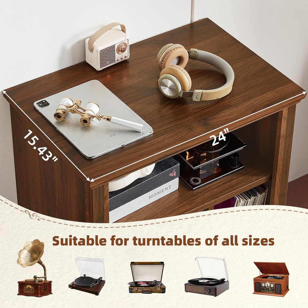 Brown wood record player stand with tabletop setup and vinyl record storage cabinet