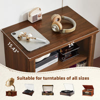 Brown wood record player stand with tabletop setup and vinyl record storage cabinet
