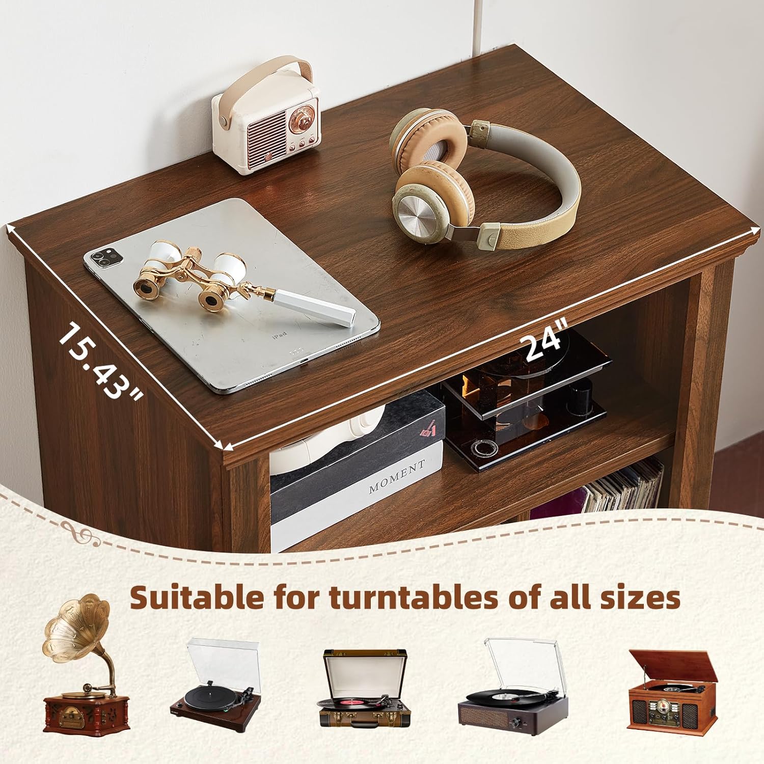 Brown wood record player stand with tabletop setup and vinyl record storage cabinet