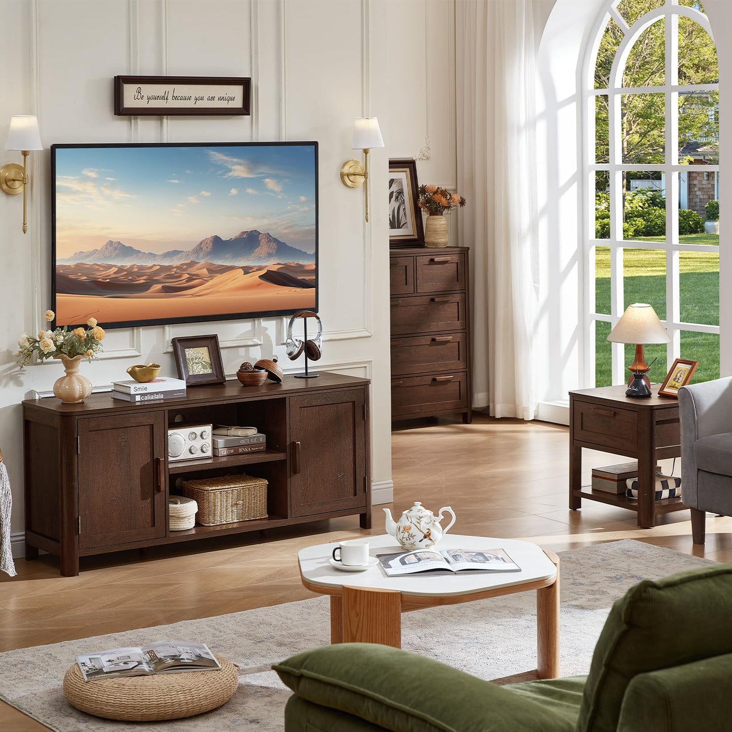 Joaxswe Farmhouse 55" Tv Stand Up for 65 in TV,Tv Consoles for Living Room | Adjustable Shelves Entertainment Center, 2 Door Storage, Rustic Wooden Veneer, Media Console Cabinet for TVs