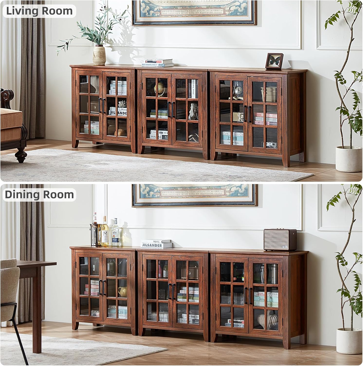 Dark brown sideboard buffet cabinet with glass-pane doors and grid-style storage