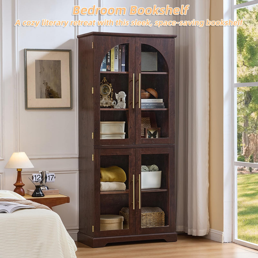Tall display cabinet with curved glass doors and adjustable shelves, walnut brown frame
