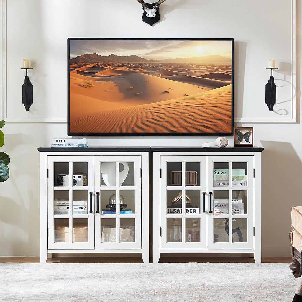 White sideboard cabinet with four glass doors and interior display shelving
