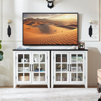 White wood sideboard buffet cabinet with glass-panel doors and storage compartments