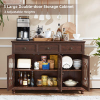 Dark wood farmhouse sideboard buffet cabinet with double doors, open shelves and adjustable interior shelf