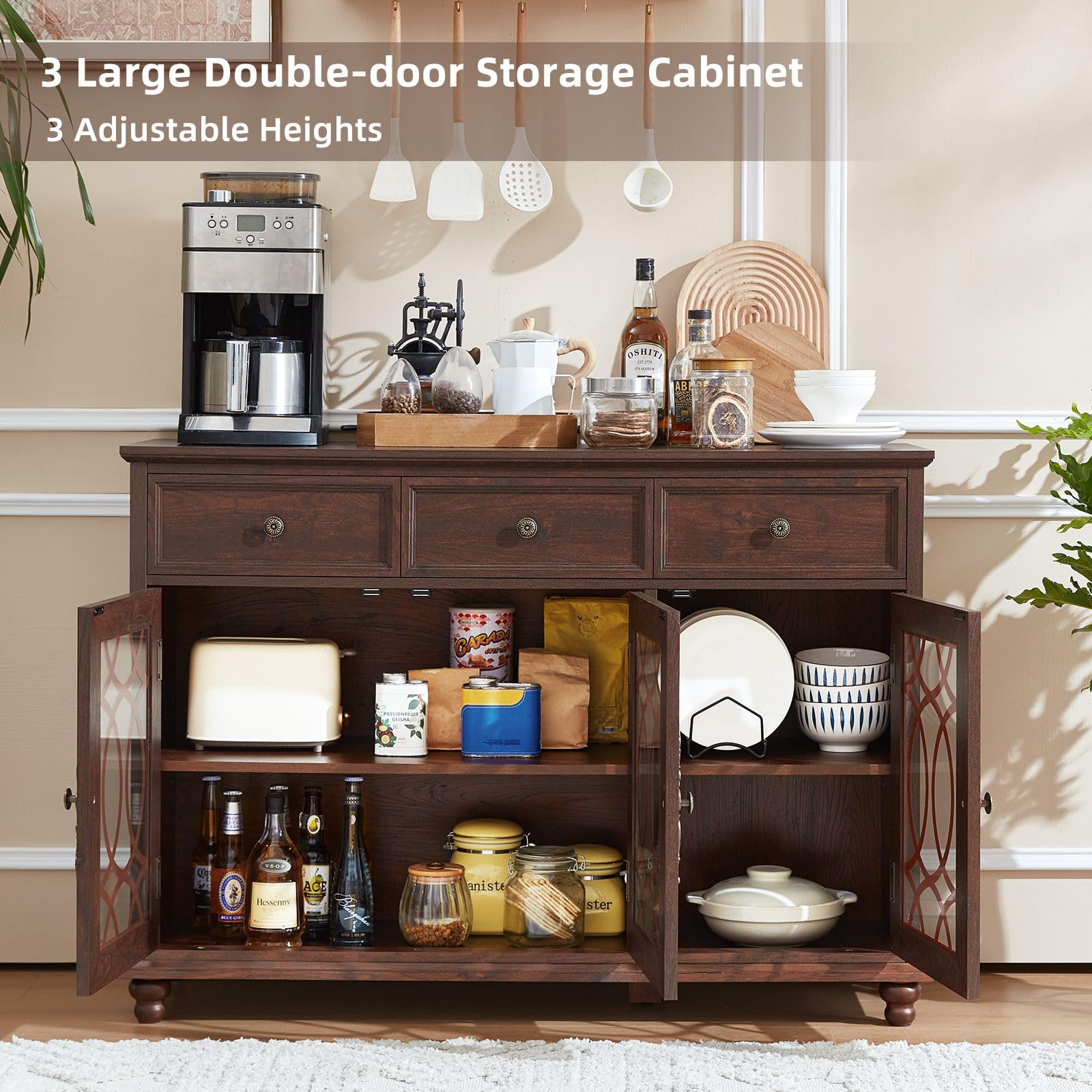 Dark brown sideboard buffet with double open doors and interior storage shelves