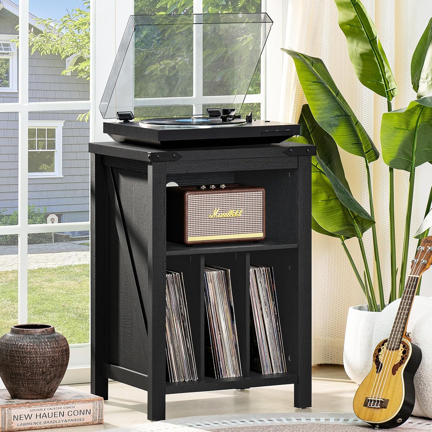Record player stand cabinet with vinyl storage, black frame and open shelves