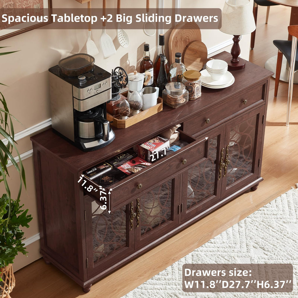Dark wood sideboard with pull-out drawer, open storage shelves, and glass doors