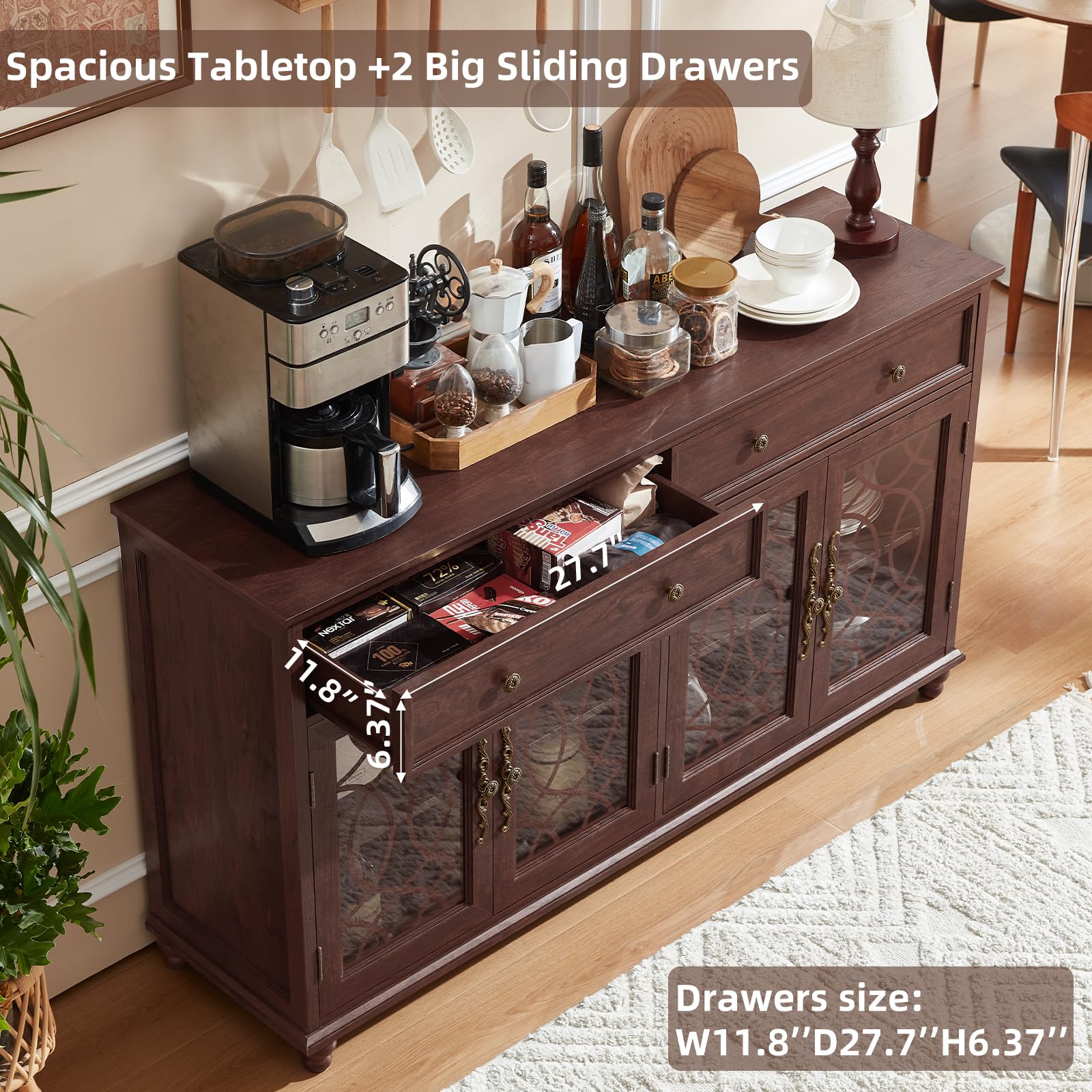 Dark wood sideboard with pull-out drawer, open storage shelves, and glass doors