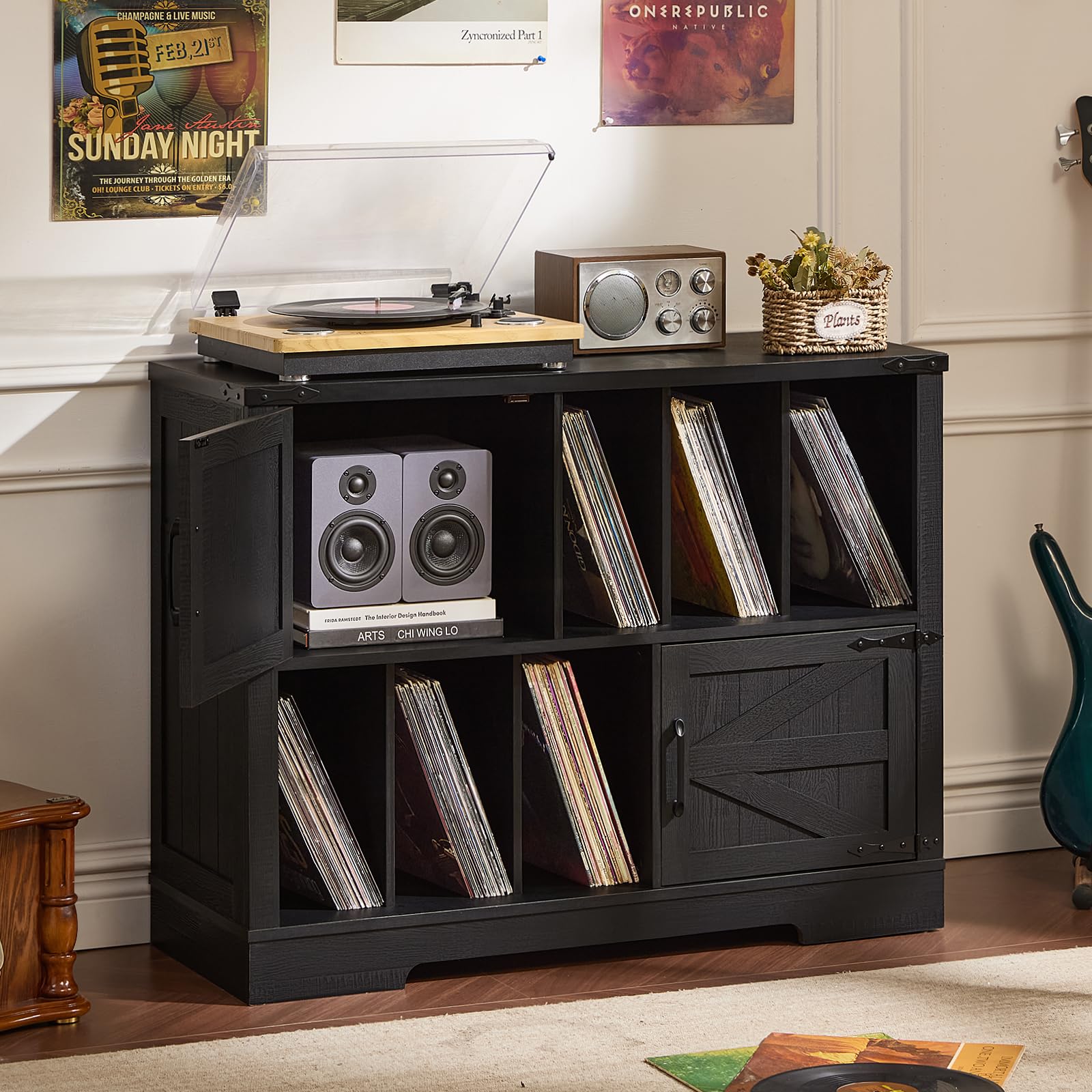 Black record player cabinet with vinyl storage shelves and barn-door cabinet doors