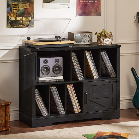 Joaxswe Large Record Player Stand with Vinyl Storage Up to 450 Albums, 39 Inch Farmhouse Wood  Vinyl Records Storage Cabinet with Barn Doors, Mid-Century Turntable Stand for Living Room