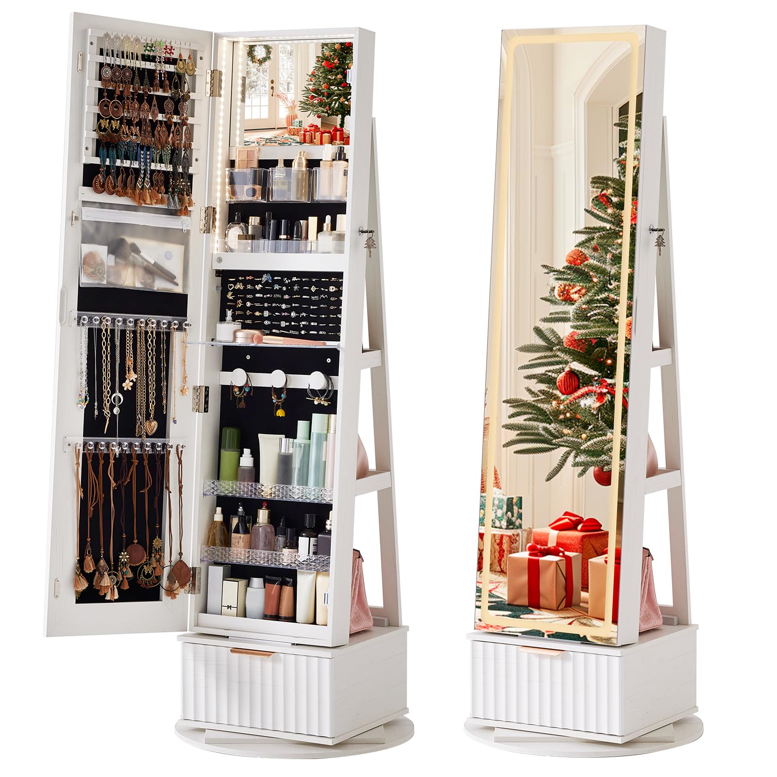 White fluted jewelry armoire cabinet with full-length swivel mirror and open organizer
