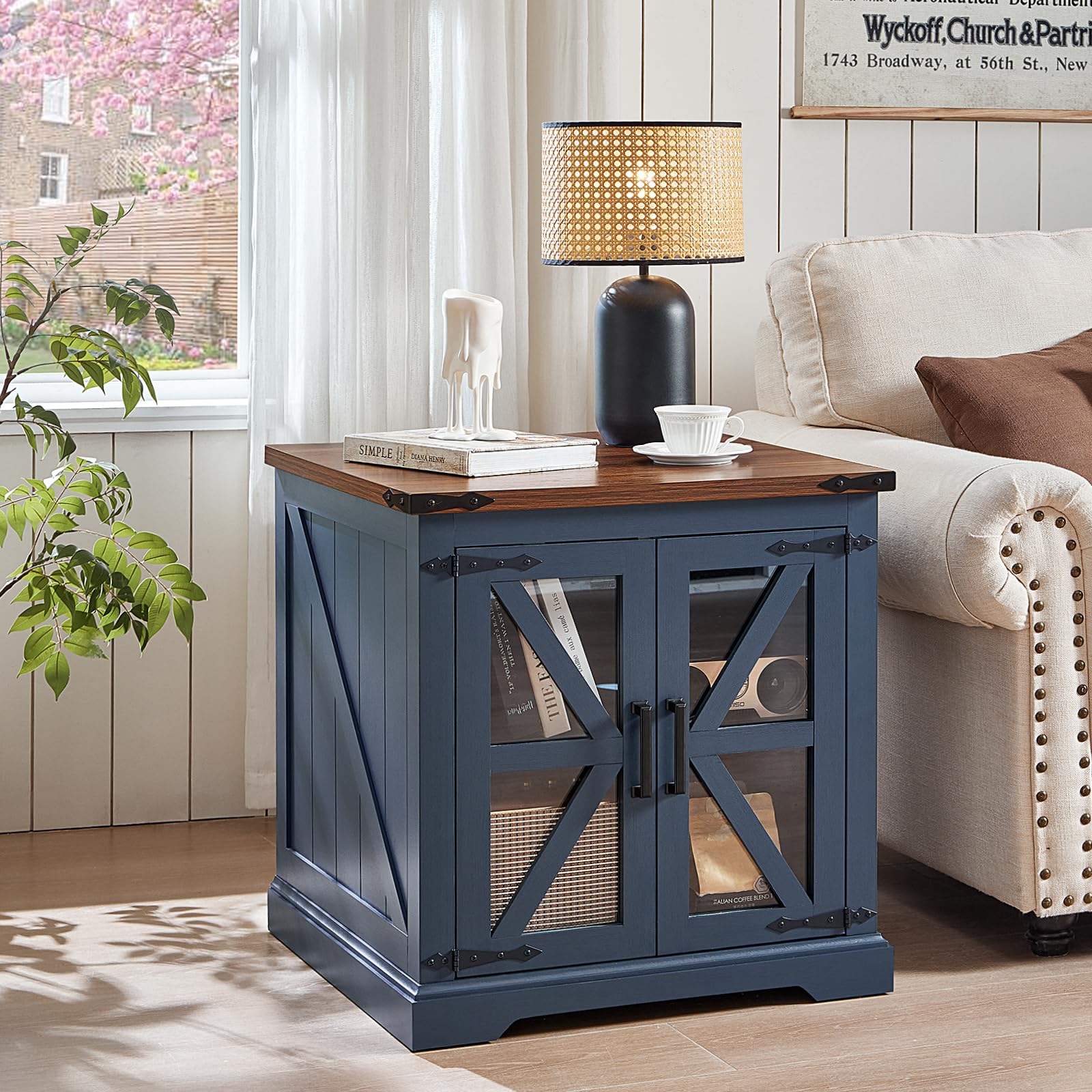 Blue end table cabinet with wooden top, crisscross door panels, and open interior shelf