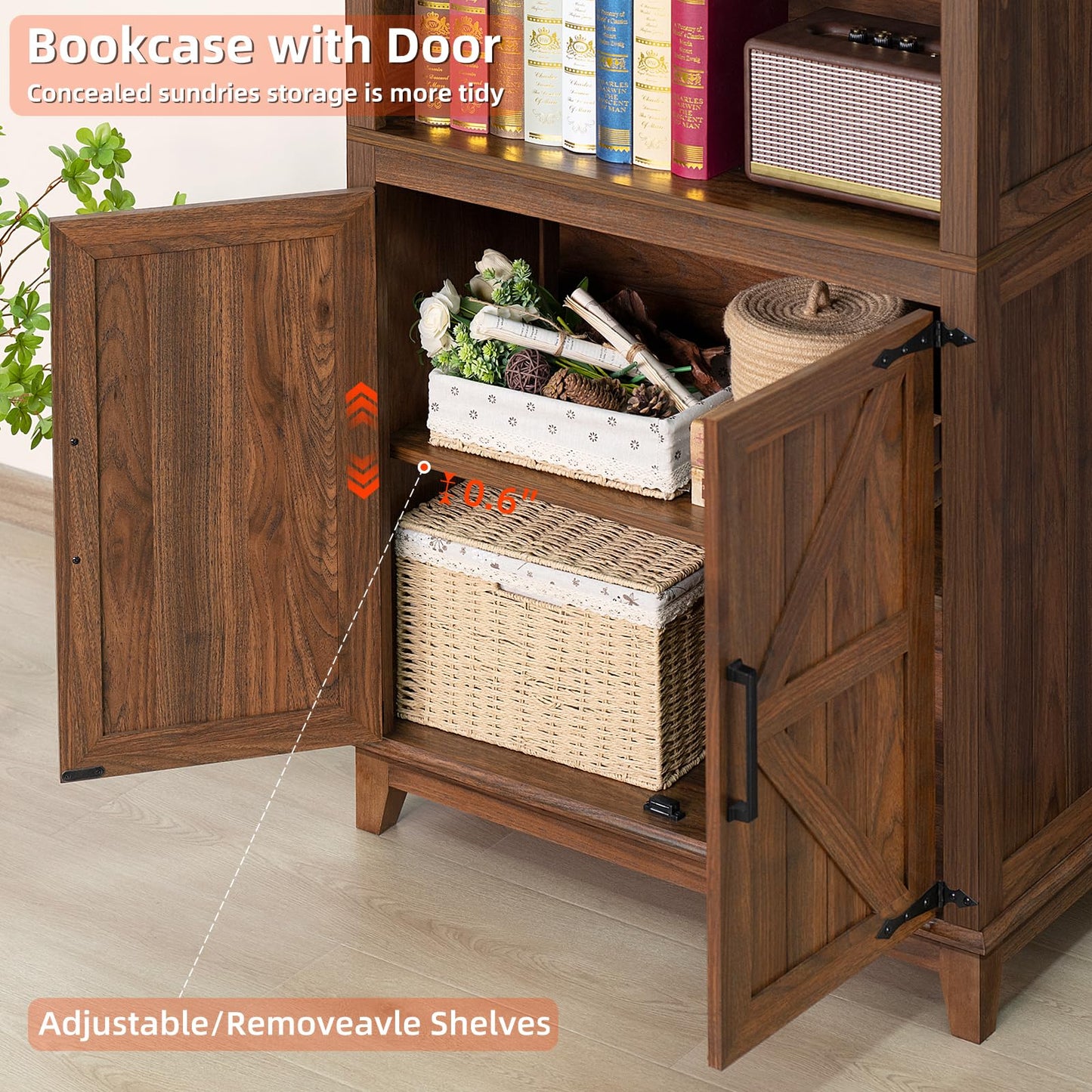 Joaxswe 70in Tall Bookshelf 5 Tier Bookcase with Barn Doors and Adjustable Shelves, Blue Farmhouse Book Shelf with Storage Cabinet, Wood Freestanding Display Bookshelves for Bedroom, Living Room
