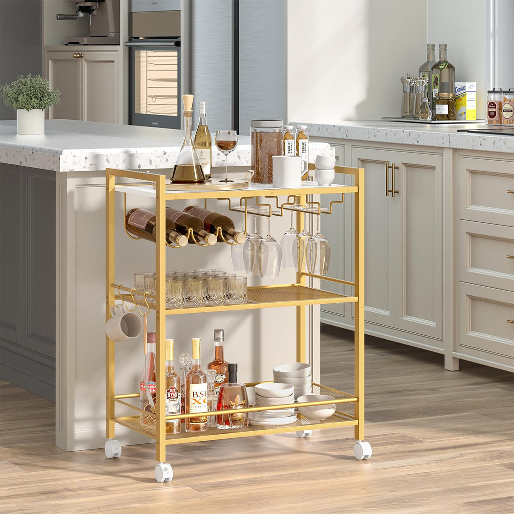 Gold bar cart with 3-tier shelves, wine rack, glass holders, and rolling caster wheels