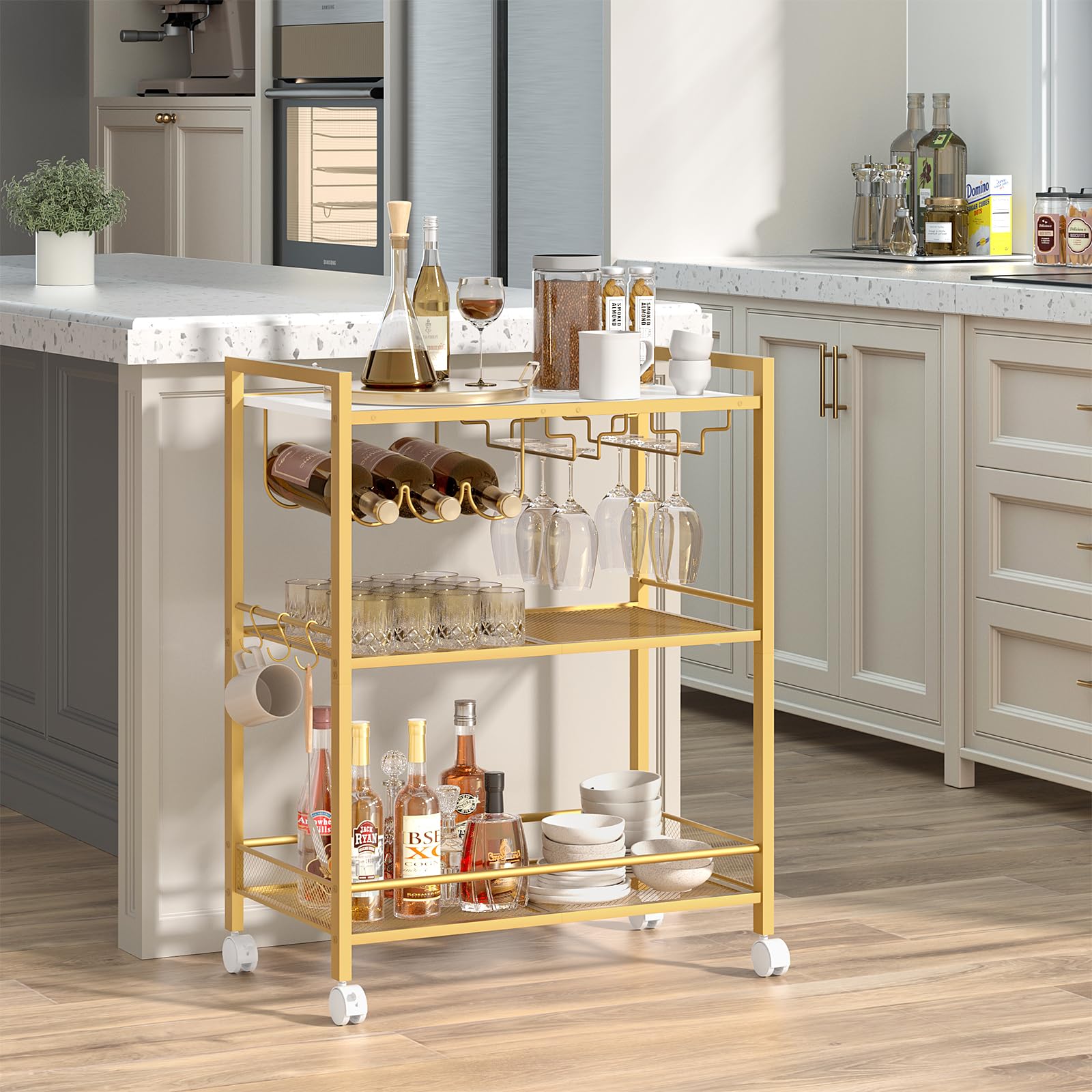 Gold bar cart with 3-tier shelves, wine rack, glass holders, and rolling caster wheels
