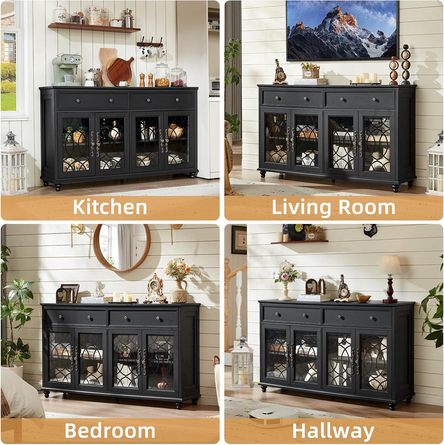 Black sideboard cabinet with arched glass doors and multiple drawers, turned legs