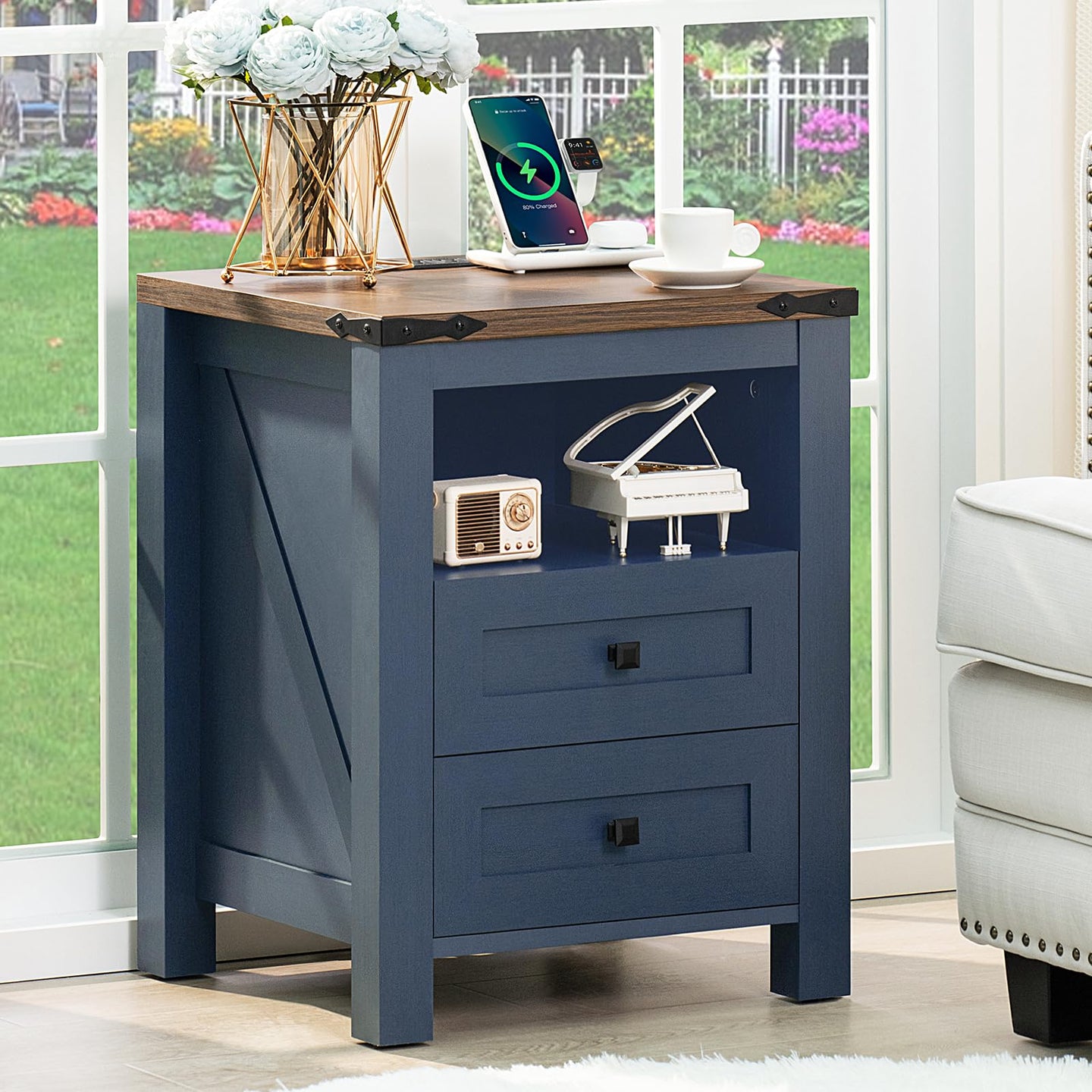Blue farmhouse nightstand with charging top, two drawers, and open shelf