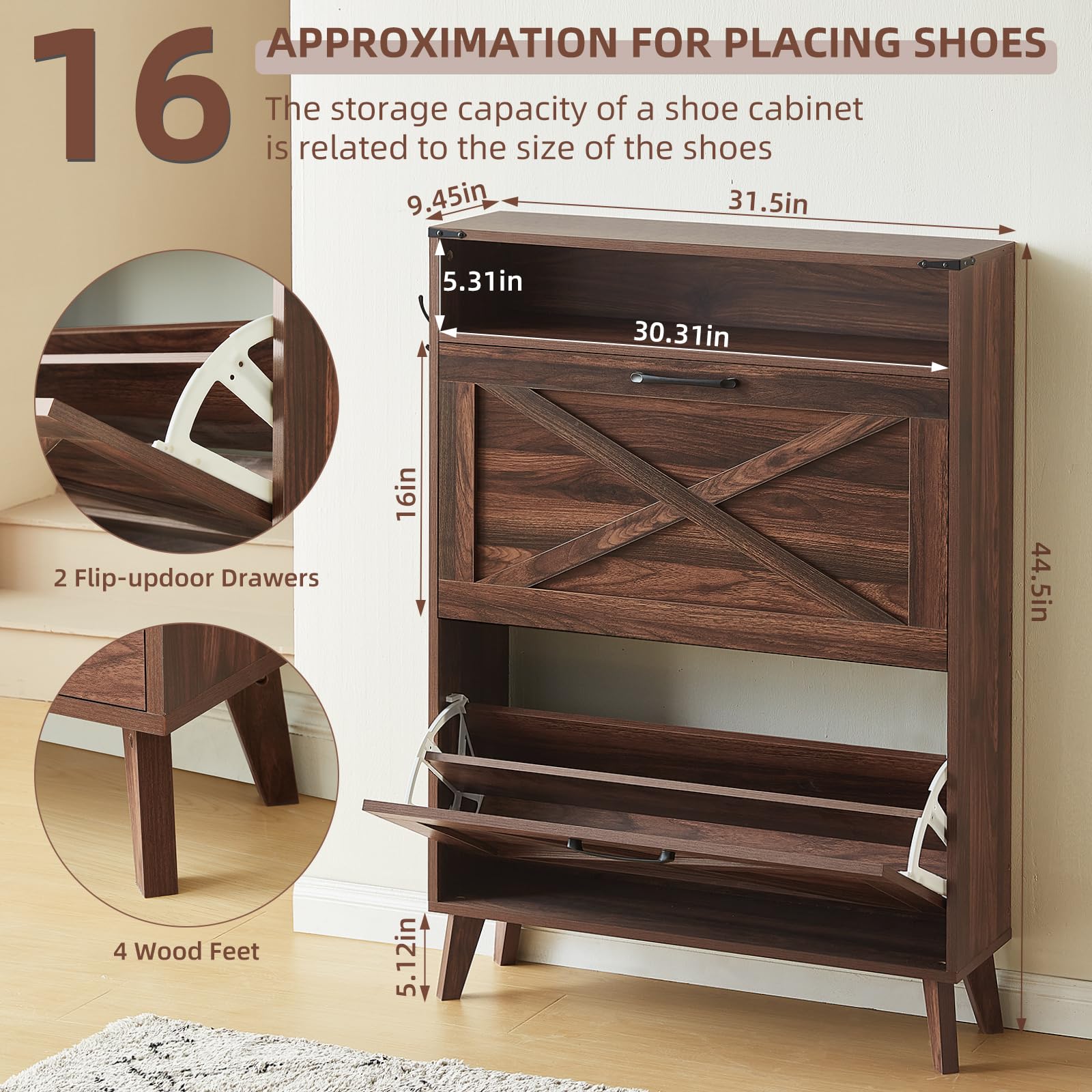 Brown walnut shoe storage cabinet with flip drawers and open shoe rack