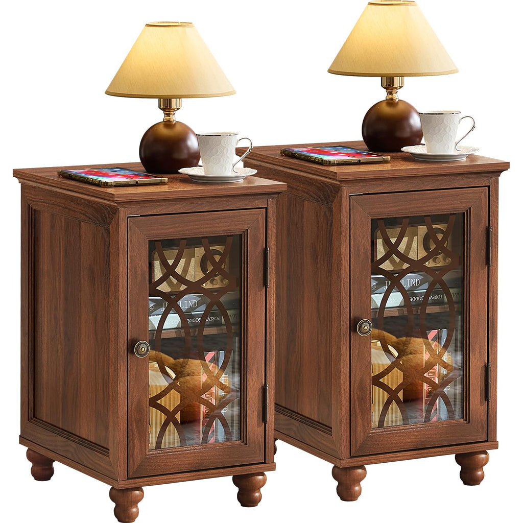 Dark brown bedside end table with glass cabinet door and top charging cords
