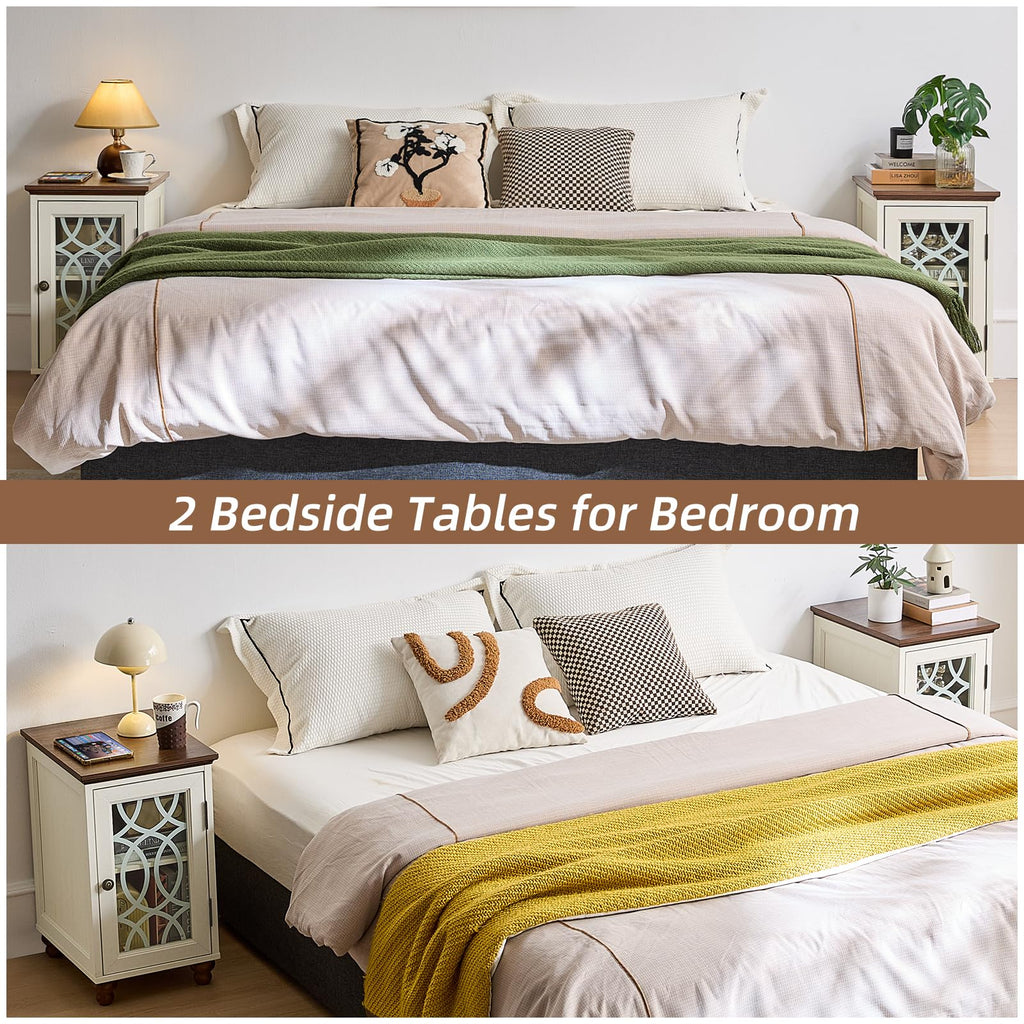 Two white bedside tables with glass-front cabinets and dark tops, for bedroom use