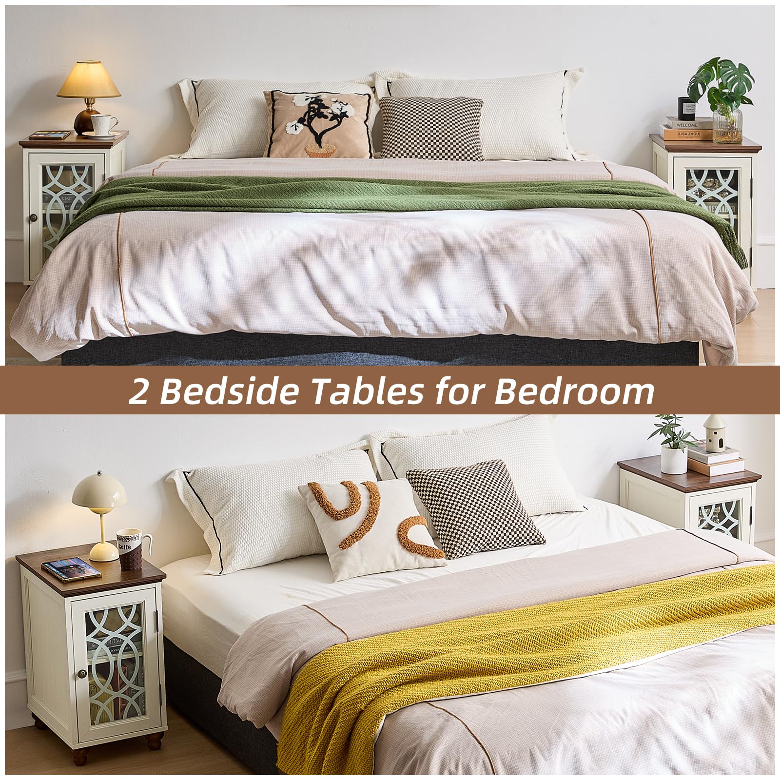 Two white bedside tables with glass-front cabinets and dark tops, for bedroom use