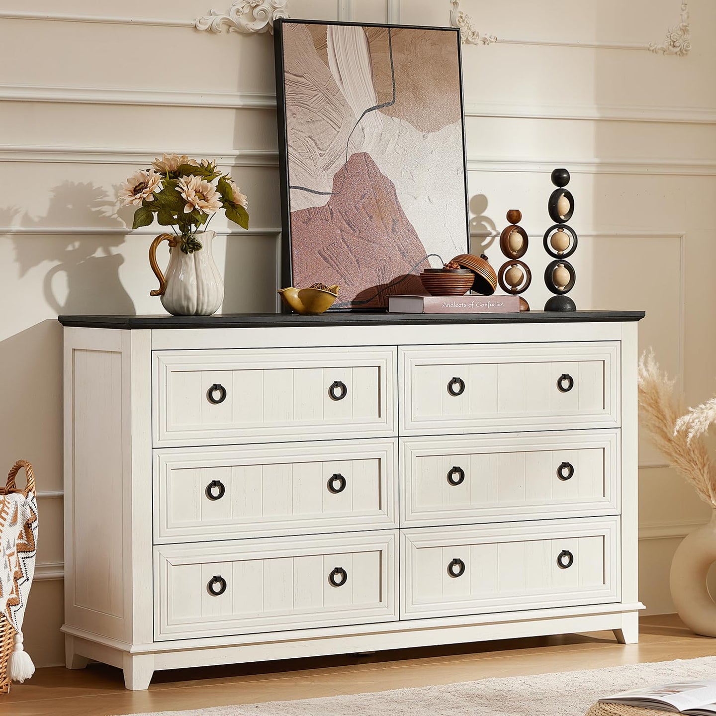 6 Drawers Dresser for Bedroom, Farmhouse 54 Inch Wide Wood Dresser Che – My Store
