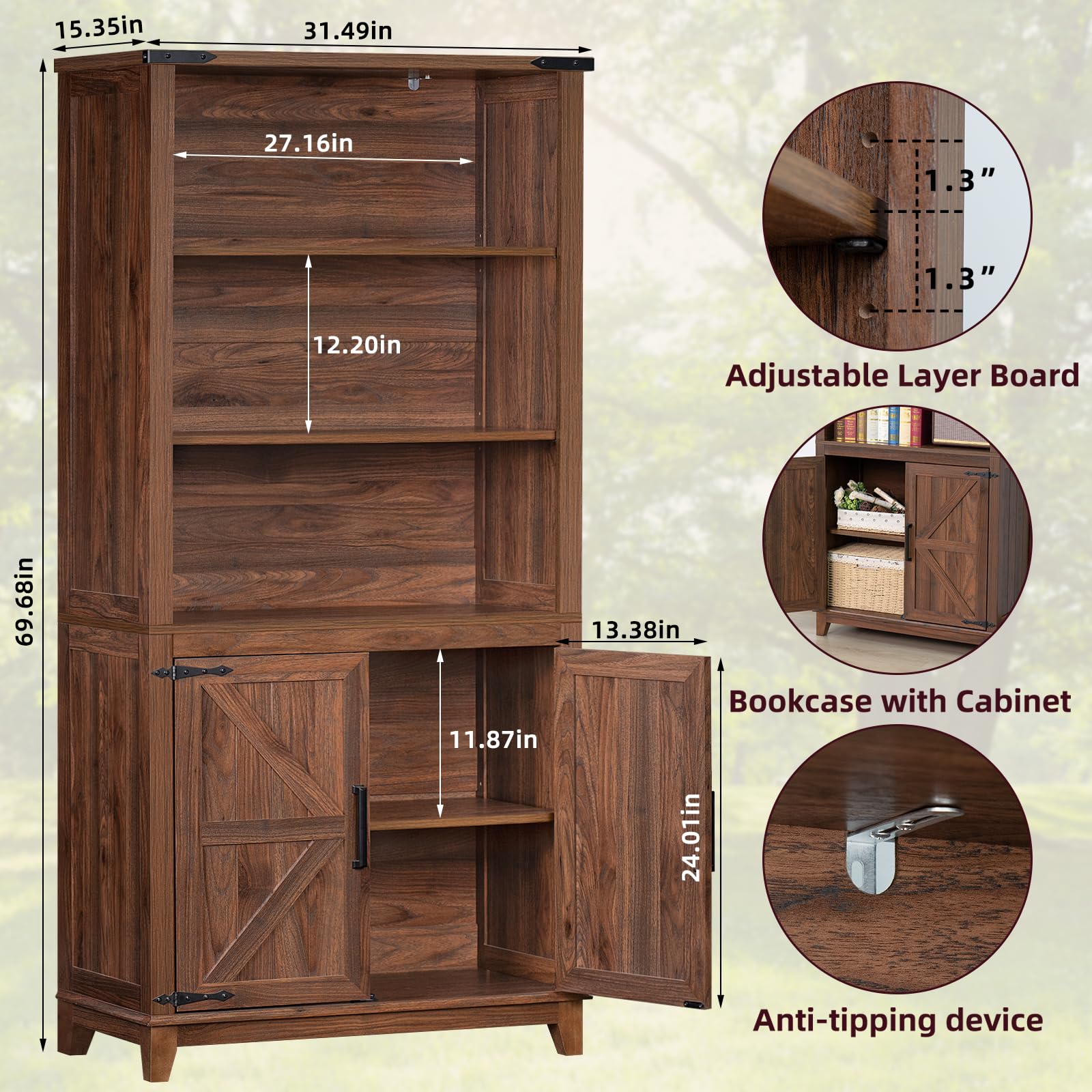 70in Tall Bookshelf 5 Tier Bookcase with Barn Doors and Adjustable Shelves, Blue Farmhouse Book Shelf with Storage Cabinet, Wood Freestanding Display Bookshelves for Bedroom, Living Room | Bookcase, Barn Doors, Adjustable Shelves, Book Shelf, Storage Cabi