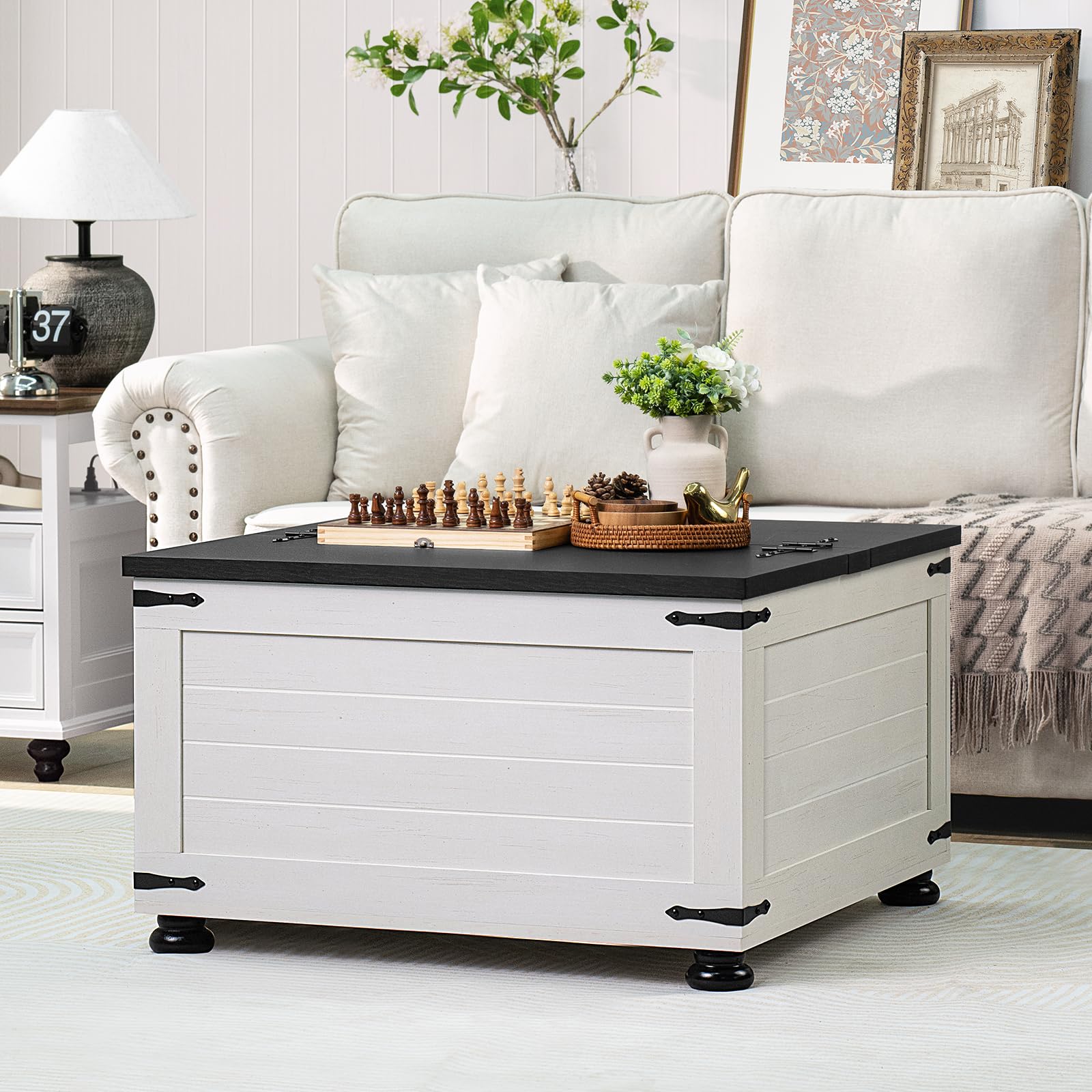 White square lift-top coffee table with hidden storage and hinged lid closed