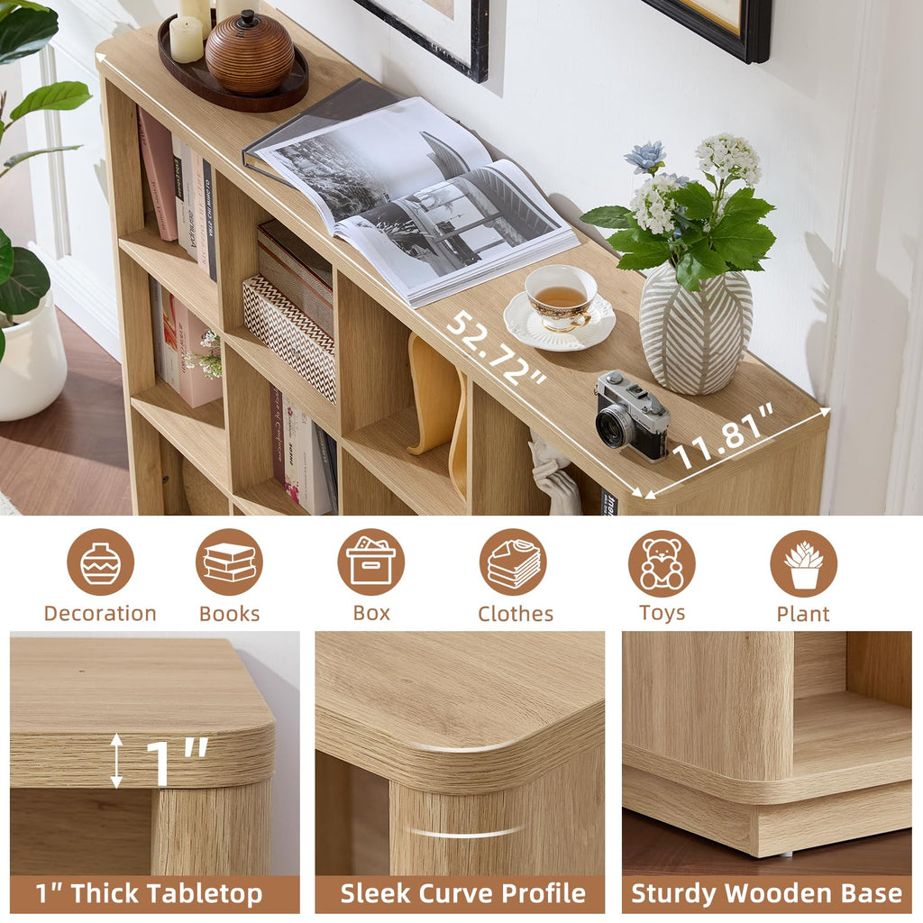 Natural oak cube storage book shelf with thick tabletop, curved profile, and wooden base