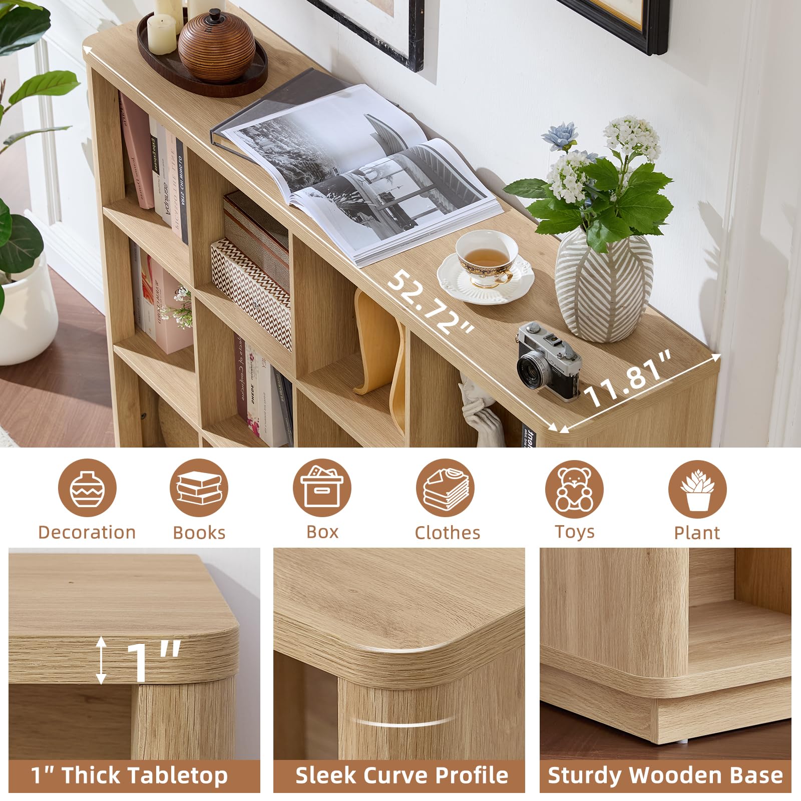 Natural oak cube storage book shelf with thick tabletop, curved profile, and wooden base