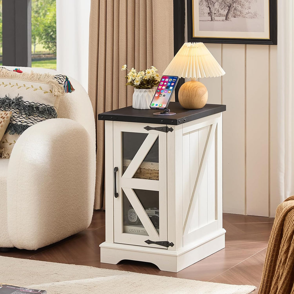 White farmhouse nightstand cabinet with black top and glass barn door storage