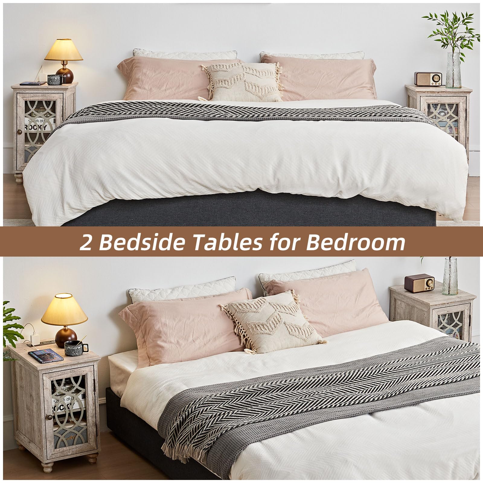 Pair of narrow bedside tables with charging station and glass doors, dark wood