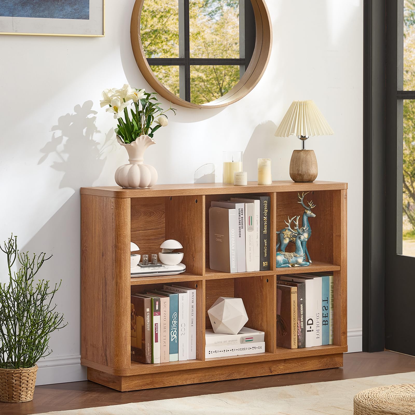 Natural wood horizontal 8-cube bookcase with open cubbies for books and decor