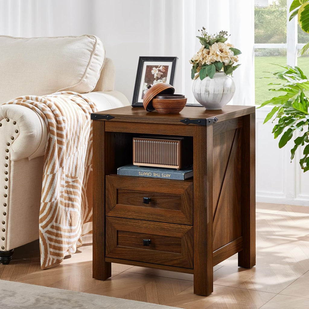 Farmhouse nightstand with two drawers, open shelf, dark brown wood
