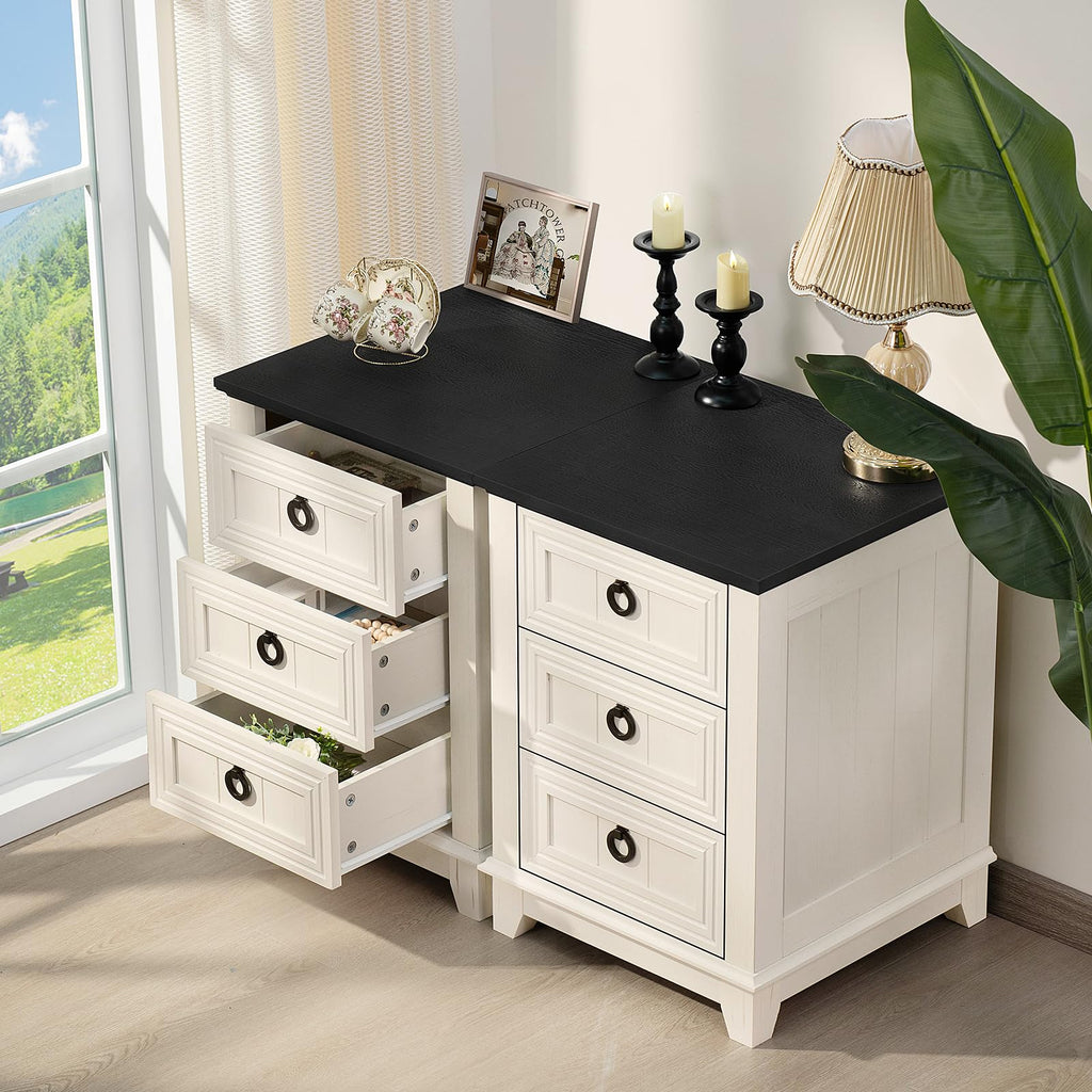 White farmhouse coffee table set with black tabletop and open storage drawers