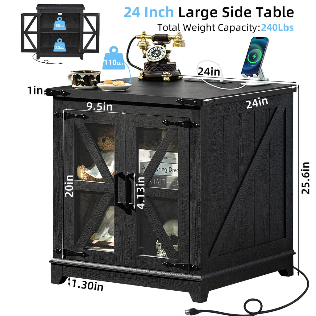 Black 24-inch farmhouse side table with glass doors and flat black tabletop